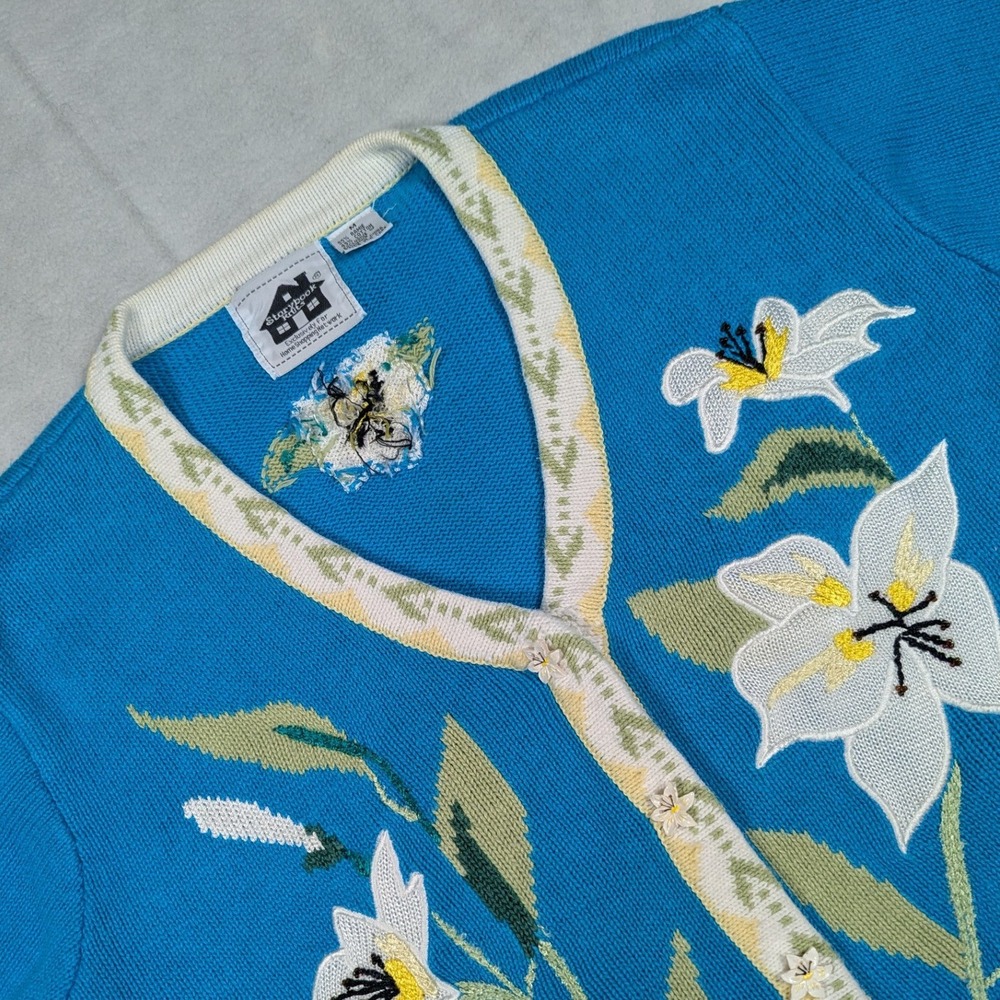 VTG Storybook Knits Blue Floral Lily Embroidered Short Sleeve Cardigan Sweater M